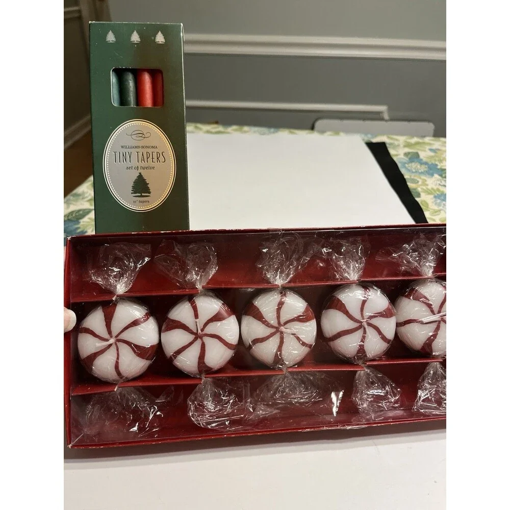 Williams Sonoma Floating Peppermint Candy Candles 5pc & 10” Tiny Tapers 12pc